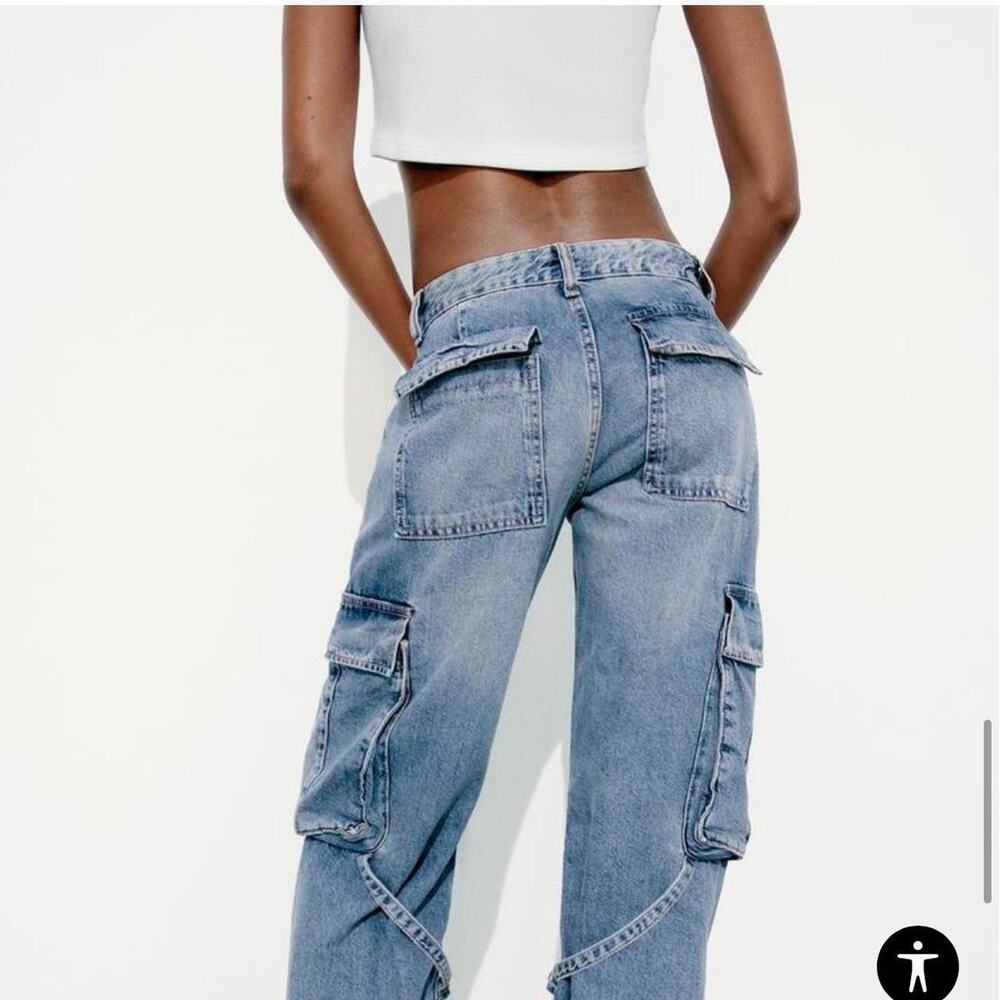 NWT ZARA Mid Rise Cargo Wide Leg Jeans Blue Size 6 - Picture 3 of 10